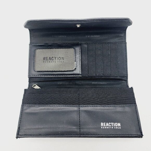 Kenneth Cole Reaction Wallet Black Clutch Trifold Vegan Leather Snap Inside Zip - Picture 2 of 8